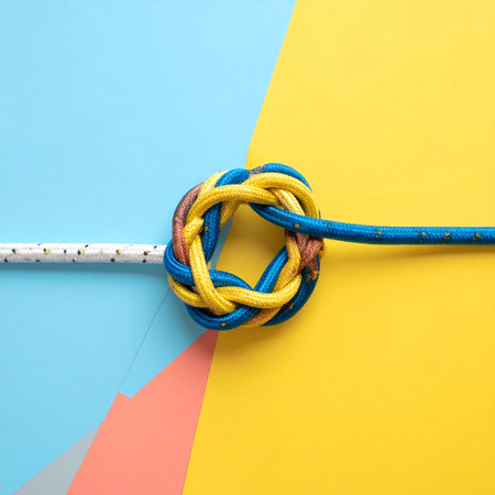 A vibrant, complex knot powerfully illustrates the concept of unity and connection. Two distinct ropes are brought together, symbolizing the strength found in diversity, collaboration, and teamwork.の素材
