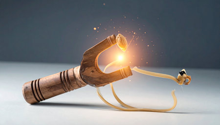 A classic wooden slingshot is pulled taut, not with a simple stone, but with a glowing spark of pure energy.の素材