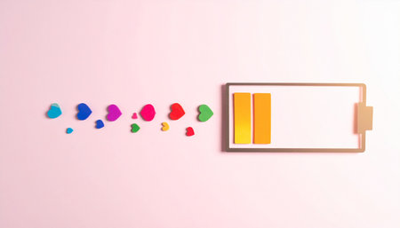 A conceptual image showing a battery being charged by a stream of colorful hearts, symbolizing the power of love, likes, and positive social media engagement.の素材