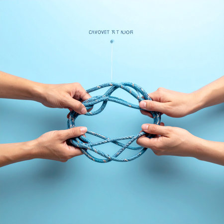 Two pairs of hands work in unison, holding and shaping an intricate circle of woven blue rope against a clean background.の素材