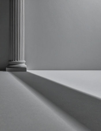 In a quiet, minimalist space, a single classical column stands as a symbol of strength and history.の素材