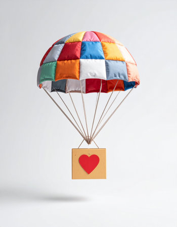 A heartfelt package containing a symbol of love makes a gentle descent, carried by a colorful patchwork parachute.の素材