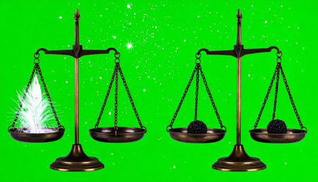 A comparative illustration demonstrating principles of physics and justice. On the left, a scale is tipped by light feathers, showing everything has mass.の素材