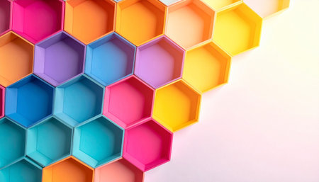 A vibrant spectrum of colors fills a geometric honeycomb grid, symbolizing creativity, diversity, and organized structure.の素材