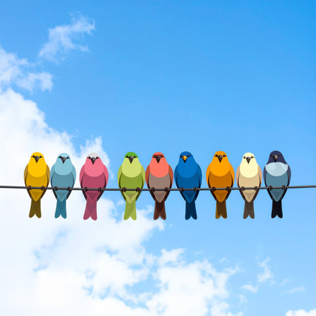 A vibrant flock of colorful, stylized birds sits together in perfect harmony on a wire, silhouetted against a bright blue sky.の素材