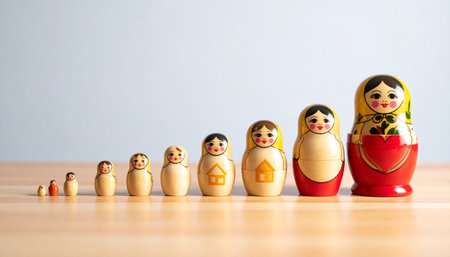 A set of traditional Matryoshka nesting dolls arranged in ascending order on a wooden surface.の素材