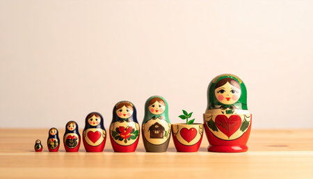 A line of traditional Russian Matryoshka dolls illustrates a journey of development.の素材