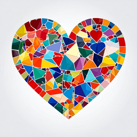 A vibrant heart symbol crafted from a multitude of colorful glass fragments.の素材