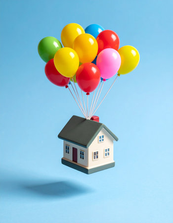 A whimsical scene where a miniature house is carried upwards by a vibrant bouquet of balloons against a clear blue sky.の素材