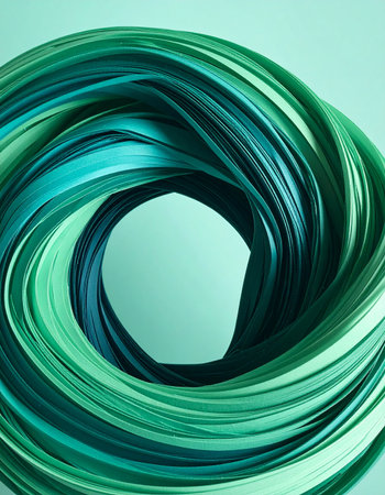 A dynamic vortex of green and teal ribbons swirls gracefully against a clean, minimalist background.の素材