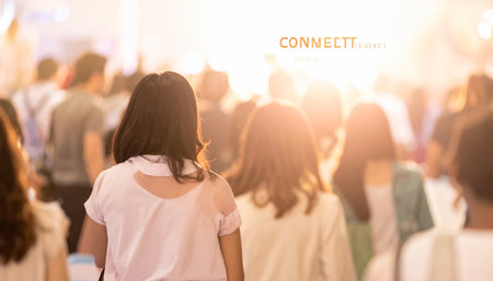 A diverse crowd moves forward into a brightly lit space, symbolizing a collective journey towards innovation and connection.の素材