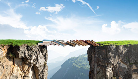 A precarious bridge of falling dominoes spans a deep chasm, symbolizing a critical chain reaction in motion.の素材