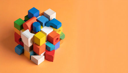 A vibrant collection of colorful wooden blocks comes together to form a complex, unified cube.の素材