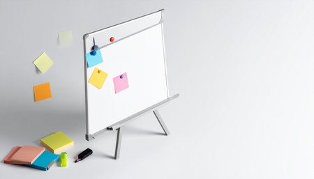 A dynamic brainstorming session in progress, captured with a clean whiteboard and colorful sticky notes.の素材