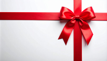 A beautifully wrapped white gift box, tied with a vibrant red satin ribbon and a perfect bow, sits ready for a special occasion.の素材