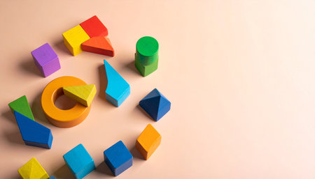 A vibrant collection of colorful wooden geometric shapes are arranged to represent a creative process or cycle.の素材