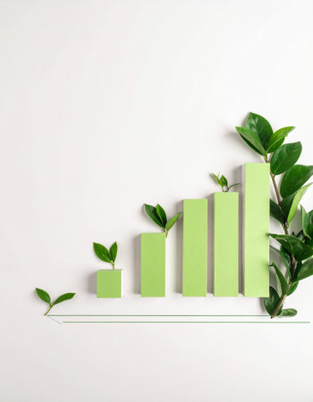 A visual representation of sustainable success, where green bar charts rise alongside fresh plant life.の素材