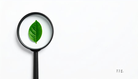 A single, vibrant green leaf is brought into sharp focus under a magnifying glass, symbolizing a close examination of nature, sustainability, and environmental science.の素材
