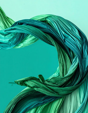 A dynamic wave of emerald and teal fabric twists and flows, creating an elegant and energetic visual.の素材