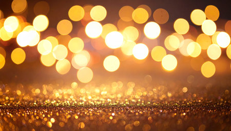 A cascade of warm, golden bokeh lights softly illuminates a shimmering field of glitter.の素材