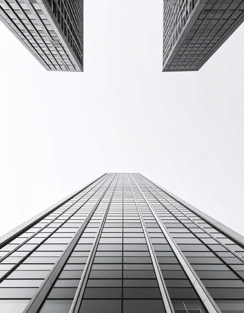 A dramatic low-angle, black and white view of towering glass skyscrapers converging towards the sky.の素材