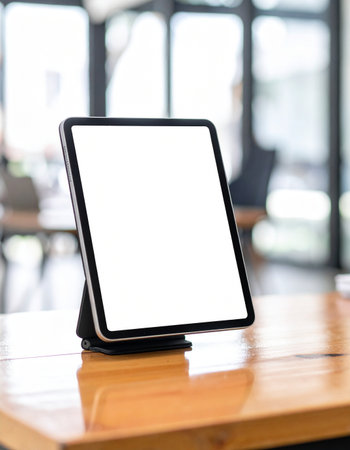 A modern digital tablet stands ready on a polished wooden desk, its blank screen a canvas for new ideas.の素材