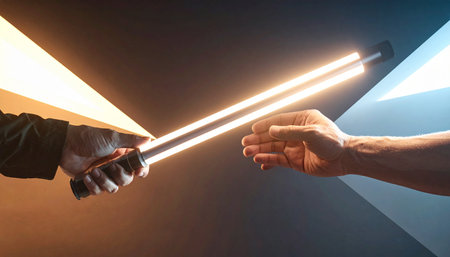 In a clash of opposing forces, one hand wields glowing tubes of technological power while another reaches out.の素材