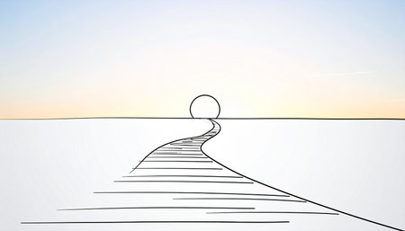 A simple, hand-drawn path stretches across a minimalist landscape, leading the eye towards a hopeful light on the horizon.の素材