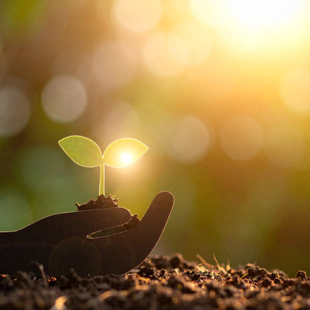 In the gentle morning light, a hand carefully cradles a small sprout, a symbol of new life and potential.の素材