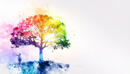 In a world of pure imagination, a child brings a magnificent tree to life with a splash of every color.の素材