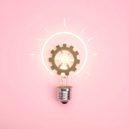 A single glowing lightbulb illuminates a mechanical gear at its core, symbolizing the moment a creative idea transforms into a workable plan.の素材