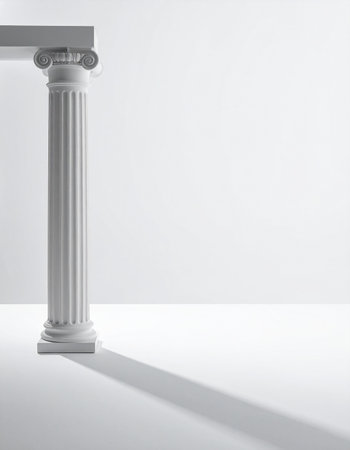 A single, elegant Ionic column stands against a stark white background, casting a long, dramatic shadow.の素材