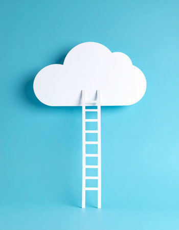 A simple white paper ladder reaches towards a fluffy cloud against a serene blue background.の素材