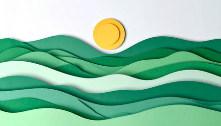 Layers of green paper create a sense of depth and movement, depicting rolling hills or gentle ocean waves under a bright yellow sun.の素材