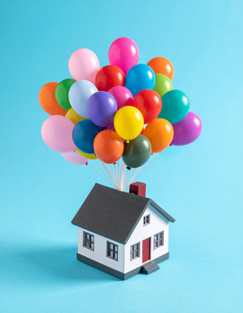 A whimsical model house is carried away by a vibrant bunch of colorful balloons, floating against a bright blue sky.の素材