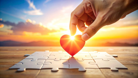 A hand gently places the final, glowing heart-shaped piece into a puzzle, symbolizing the discovery of a solution through love, compassion, and connection.の素材