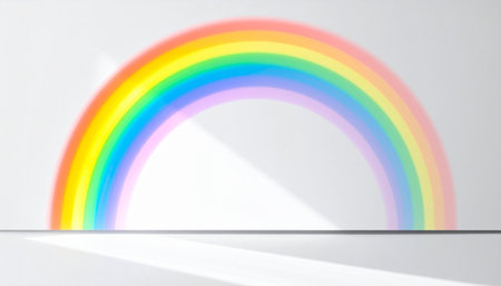 A vibrant arc of rainbow light is projected onto a clean, minimalist wall, casting a soft glow and subtle shadows.の素材