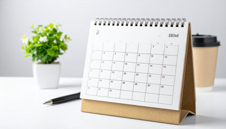 A new month begins, offering a clean slate. This blank desk calendar sits ready on a bright, organized workspace, waiting for plans, appointments, and goals to be set.の素材