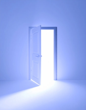 An open door reveals an intensely bright, ethereal light, pouring into a minimalist room.の素材