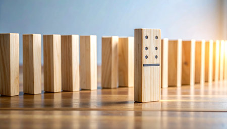 In a long line of identical wooden blocks, one unique domino stands ready.の素材