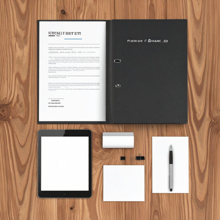 A complete set of professional corporate identity materials is neatly arranged on a classic wooden desk, ready for a brand presentation.の素材