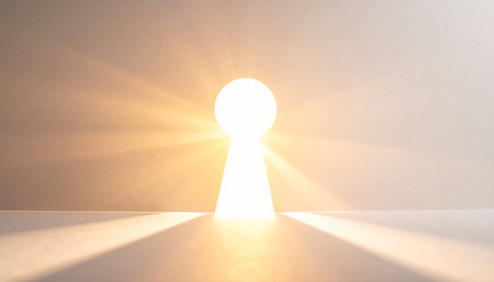 A brilliant, warm light streams through a keyhole, casting long rays and illuminating a path forward.の素材