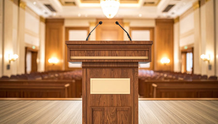 The stage is set and the microphones are ready. A classic wooden podium stands in the spotlight of an empty auditorium, awaiting a speaker to deliver a powerful speech, lecture, or announcement.の素材
