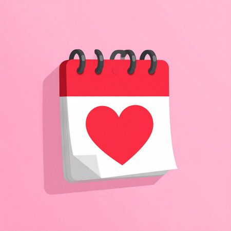 A bright red heart marks a very important day on a desk calendar, symbolizing a cherished anniversary, a romantic date, or a reminder of love.の素材
