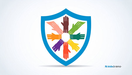 A symbol of collective strength and security, where diverse hands join together within a protective shield.の素材