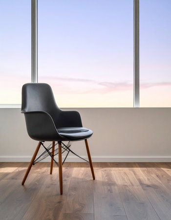 An empty modern chair sits on a wooden floor, bathed in the soft light of dawn from a large window.の素材