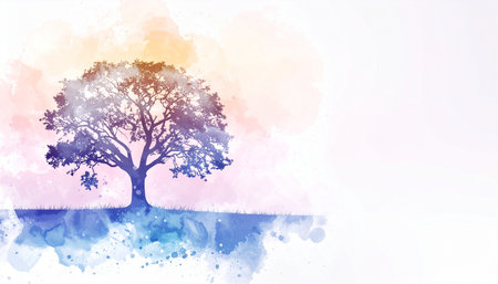 A solitary tree stands against a soft, ethereal sky, rendered in delicate watercolor washes.の素材
