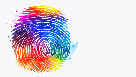 A vibrant splash of rainbow watercolor forms a unique fingerprint, symbolizing the colorful and diverse nature of individual identity.の素材