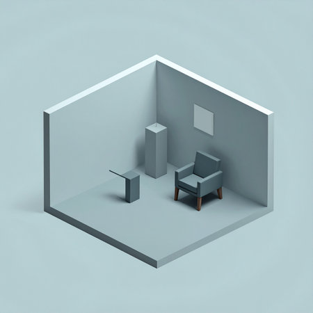 An isometric 3D rendering of a stark, minimalist room, creating a sense of quiet contemplation or suspense.の素材