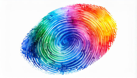 A unique fingerprint rendered in a vibrant explosion of rainbow watercolor hues, isolated on a clean white background.の素材